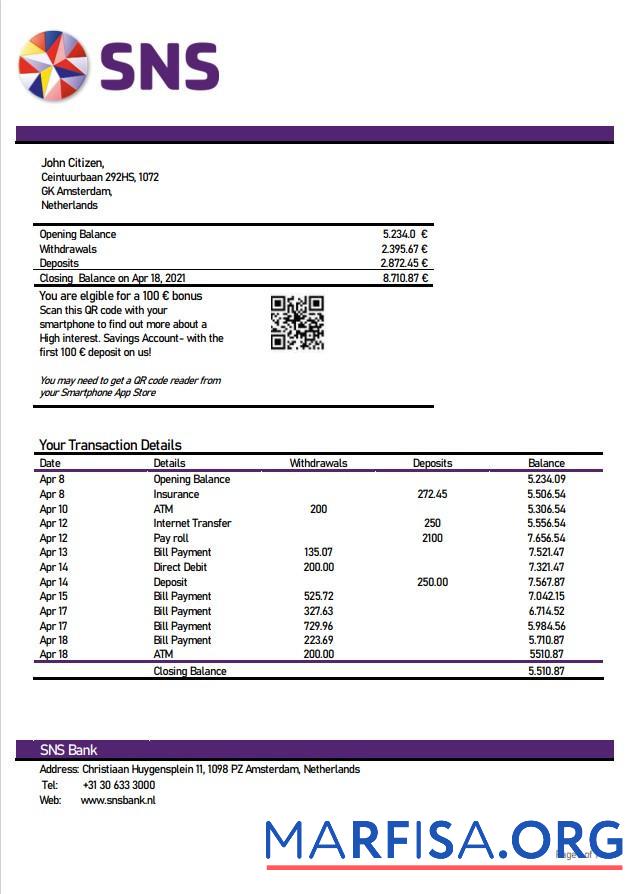 Realistic Netherlands SNS bank statement word sample